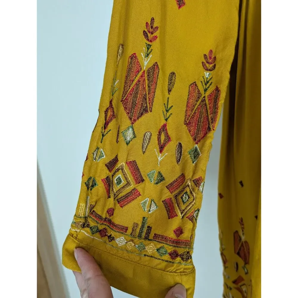 Womens S Boho Long Sleeve Dress Embroidered V Neck Gold Mustard Yellow Hippie - Picture 6 of 14